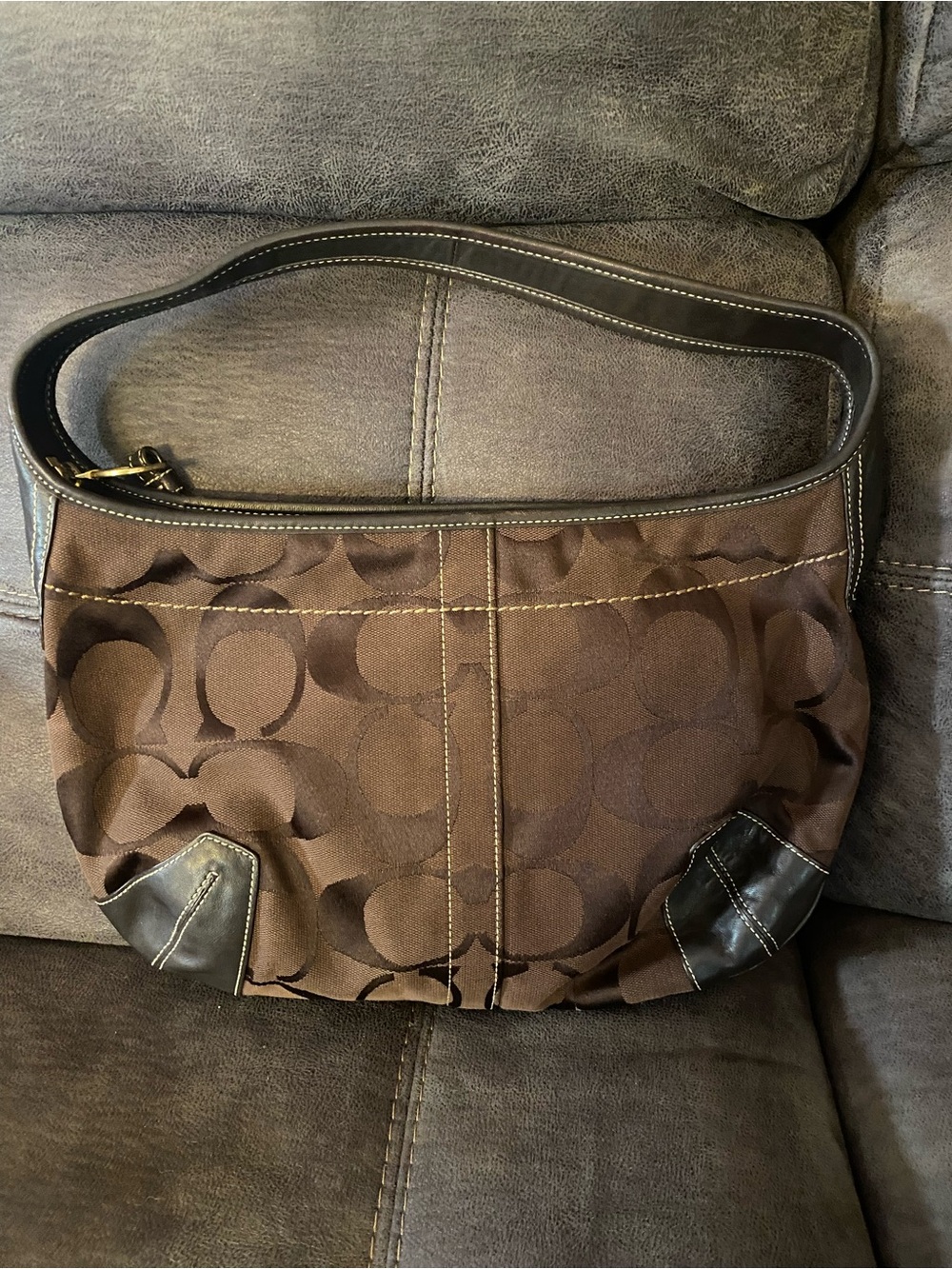 Coach Brown Signature Canvas Shoulder Bag with Dark Trim - Picture 2 of 4